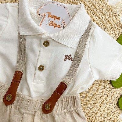 Conj. Body Gola Polo e Bermuda com Suspensório - Off White e Areia